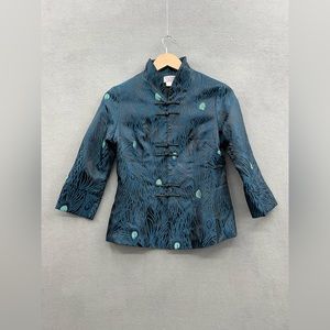 Asian Trends Women's Small Jacket Blazer 100% Silk Black Blue Peacock Design